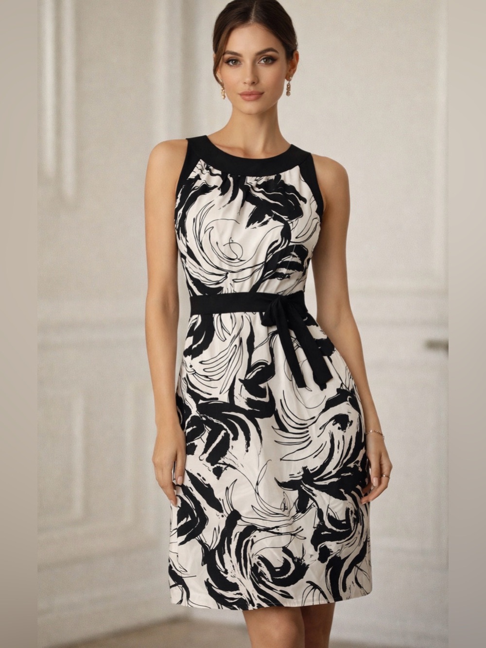 Talbots Black & White Abstract Print Tie-Waist Midi Dress nwt